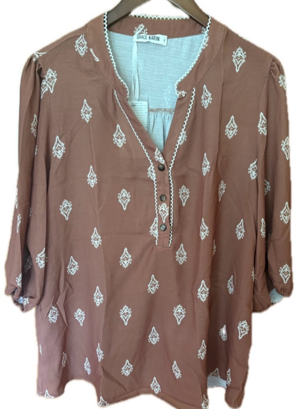 Grace Karin Boho Print Blouse | XL | NWT | 3/4 Puff Sleeve | Cottagecore